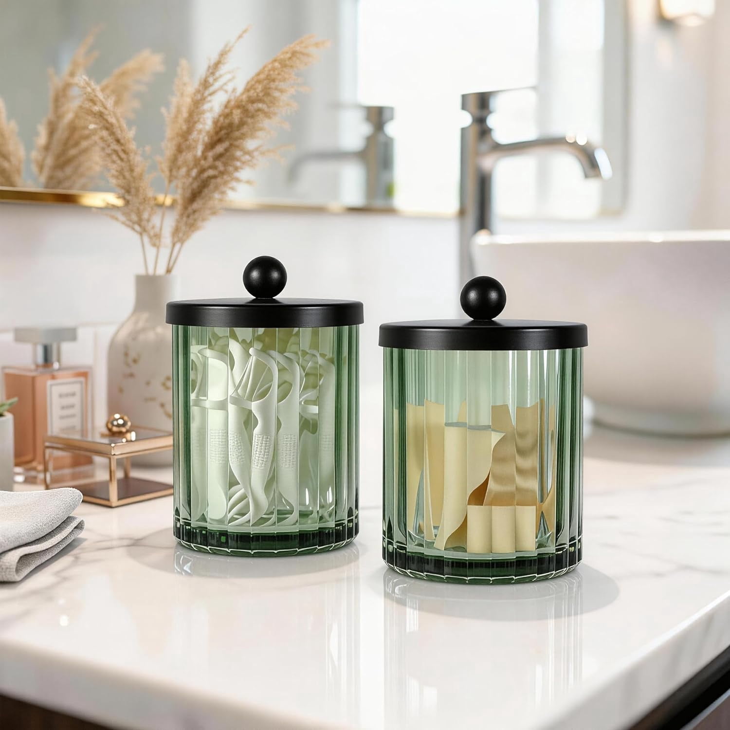 Sage Green Glass Apothecary Jar, Qtip Holder Dispenser for Cotton Swabs, Balls, Makeup Pads, Floss Picks, Bathroom Essential Accessories, Countertop Canister Storage Organizer (Black, 2