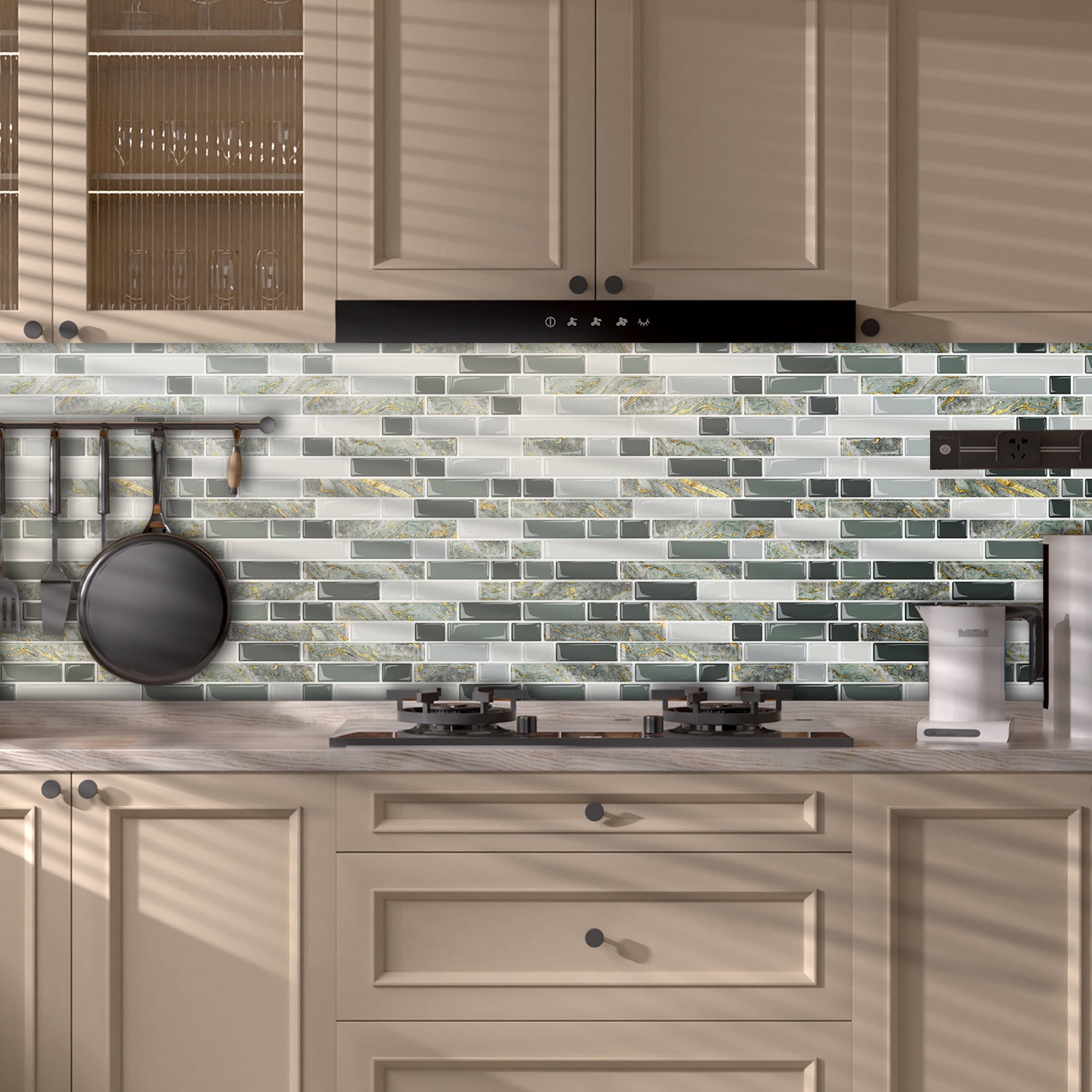 DEWOO Thick Kitchen Peel and Stick Tile Backsplash, Stick on Wall Tiles, 12"x12" Self Adhesive Sticky 3D Wall Marble Tiles Bathroom (10-Sheet，Gray Green)