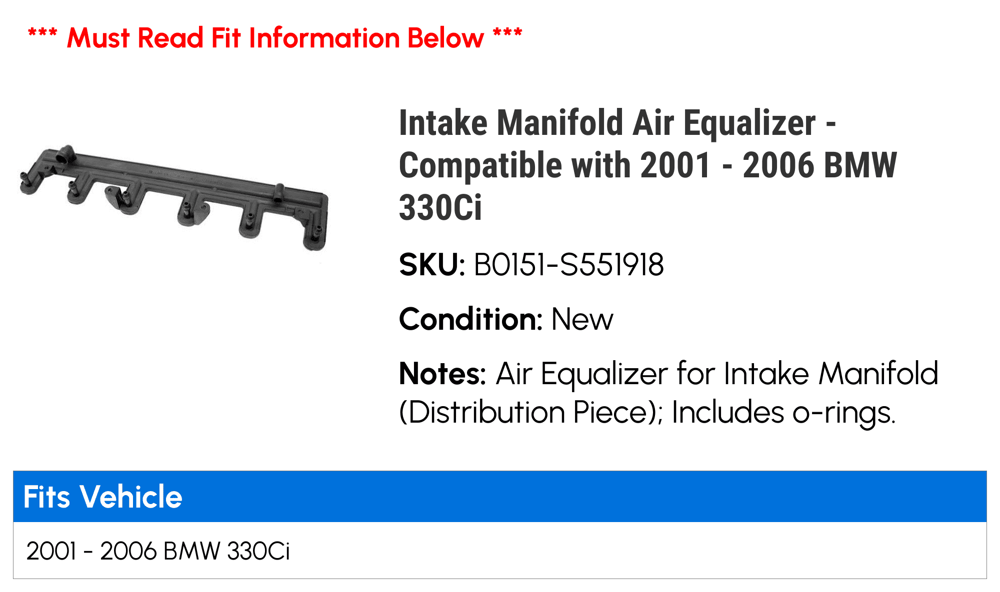 Intake Manifold Air Equalizer - Compatible with 2001 - 2006 BMW 330Ci 2002 2003 2004 2005