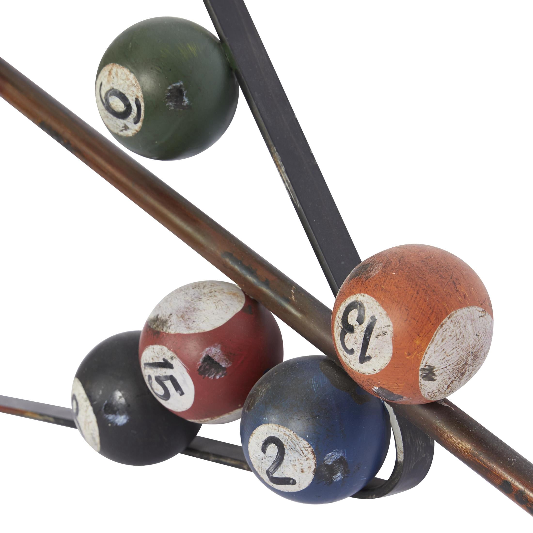 DecMode Eclectic Metal Multi Colored Billiard Set with Billiard Balls, Triangle Rack and Cue Stick Wall Décor, 30"W x 15"H