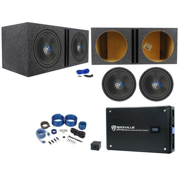 2) Rockville K5 W15K5S2 15" 2000w Subwoofers Vented Sub Box Mono Amplifier Wires