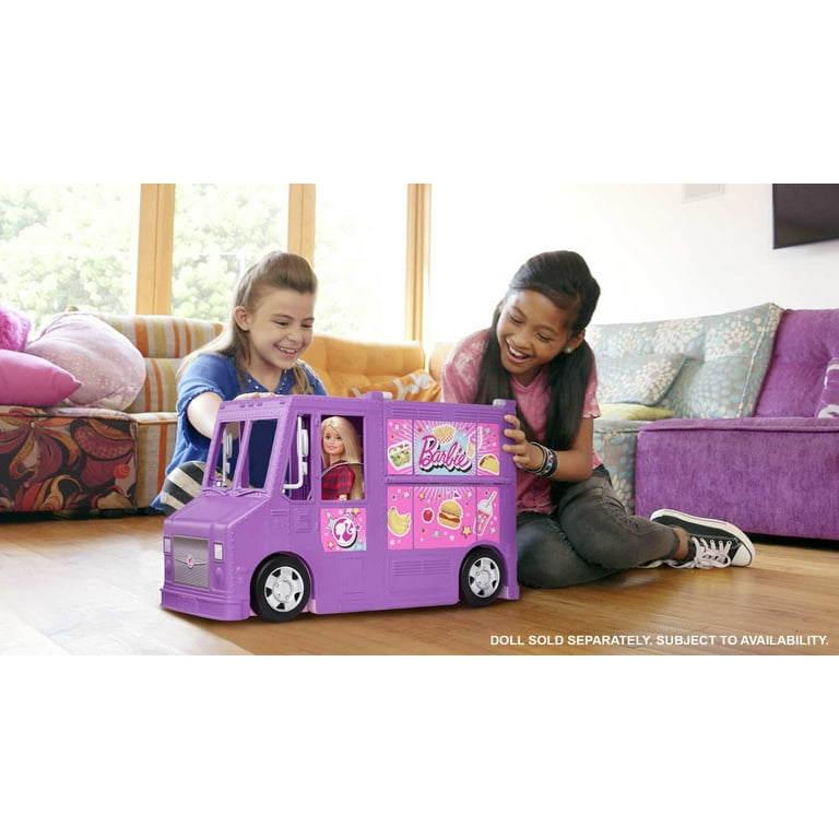 Barbie Fresh n Fun Food Truck Playset with Blonde Doll 30 Accessories. Lift Side for Kitchen