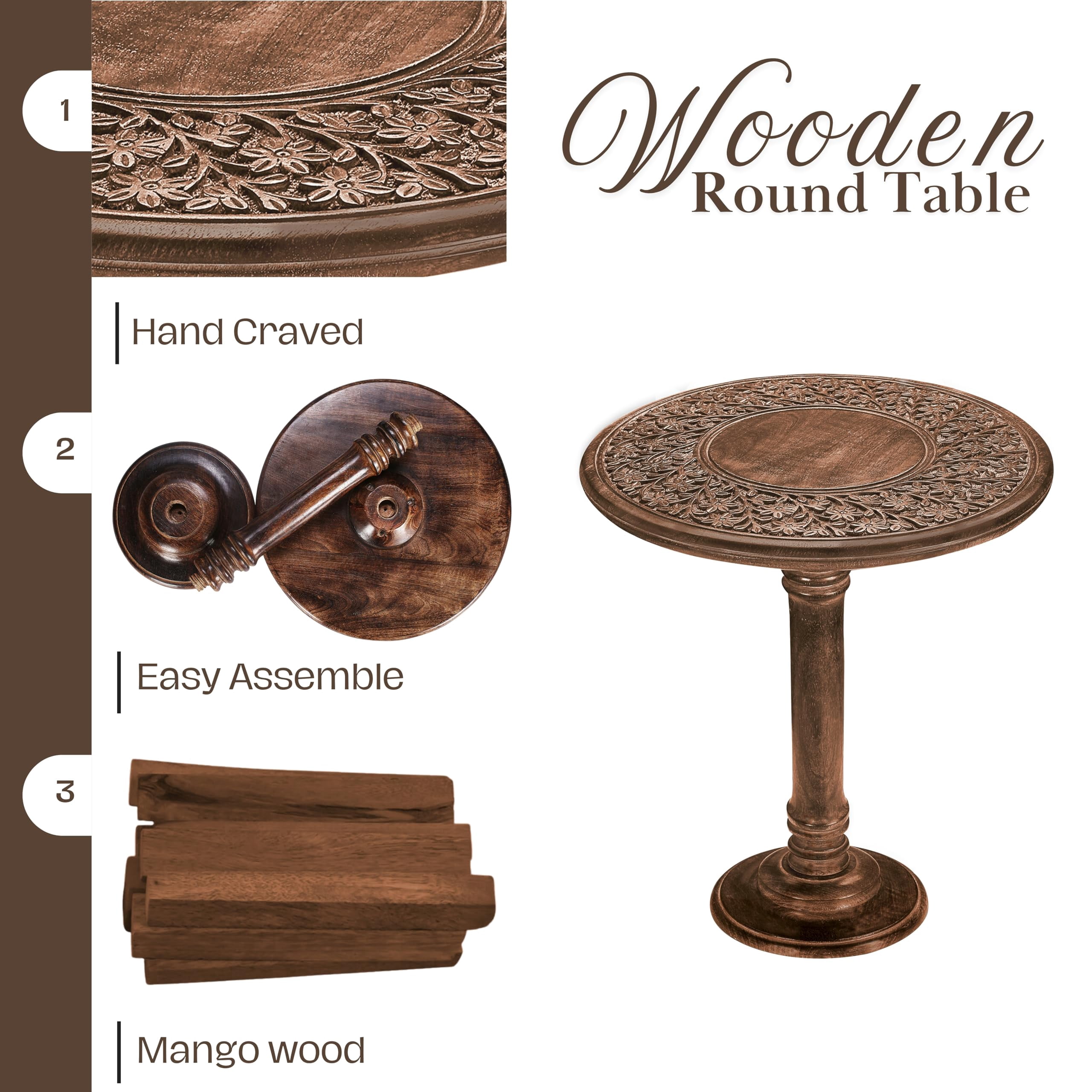 Hand-Carved Wooden End Table with Burnt Finish, 18 x 22 inch Side Table for Living Room & Bedroom Nightstand