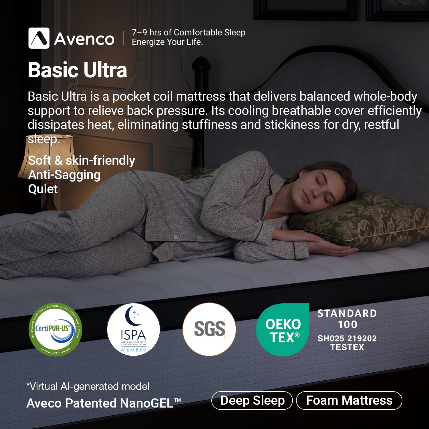 Avenco Whisper 10" Twin Hybrid Mattress in a Box – Gel Memory Foam & Pocket Coils, Medium Firm Support, Pressure Relief, Cooling Comfort