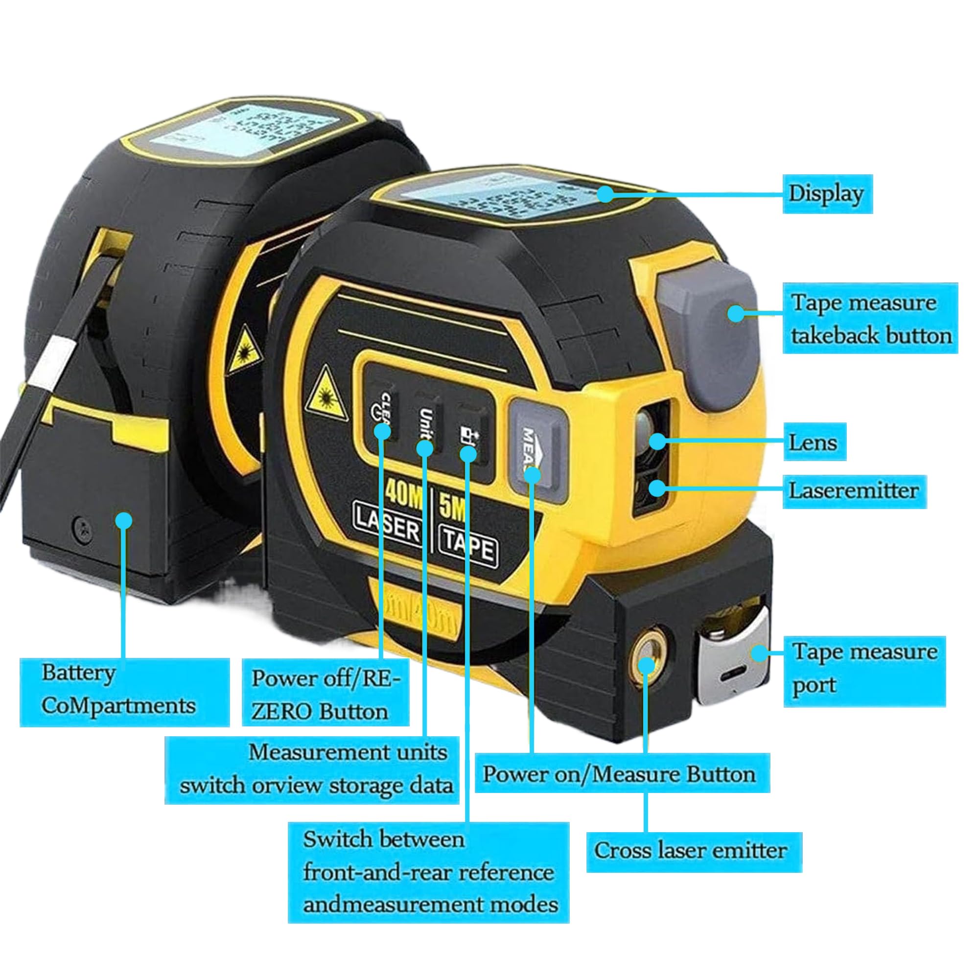 3-in-1 Laser Tape Measure, Infrared Laser Measuring Tape Tool with Led Display Self-Locking Portable Accurate Rangefinder for Workshop, Yellow(40M)