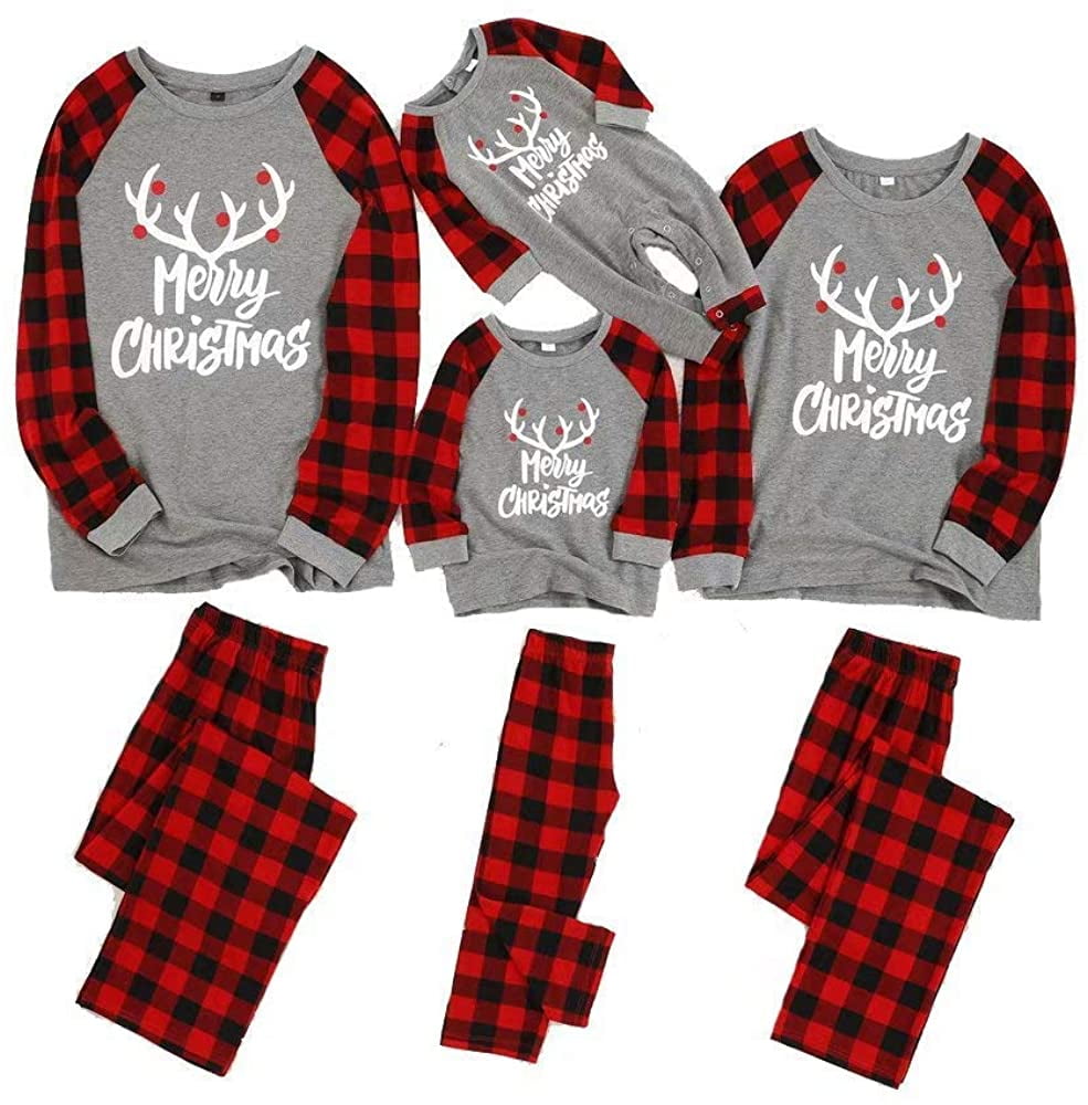 Forthery Matching Family Pajamas Sets Christmas PJs with Letter Printed Long Sleeve Tee and Red Plaid Pants Loungewear 