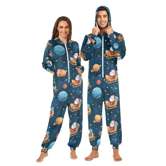 Adult Christmas Onesie Santa Claus Sleigh Adult Zipper One-Piece Pajamas Unisex Pajamas with Pockets