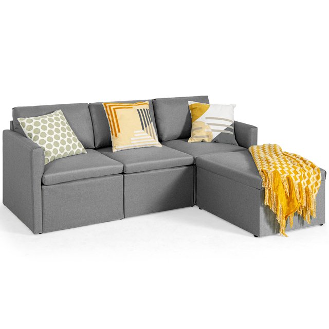 Gymax Canapé Sectionnel Convertible en Forme de L avec Coussins Ottoman Gris Foncé