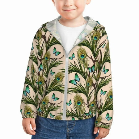 

Qekee Butterflies And Peacock Feathers Print UPF 50+ Kids Sun-Protective Hooded Long Sleeve Rash Guard for Fishing Water Beach Sports -5 Years
