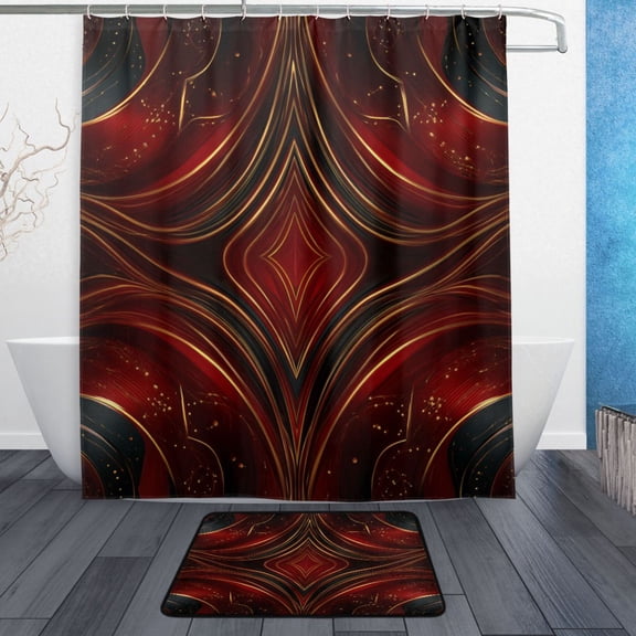 TTYFWHD 60" x 72" Shower Curtain and Bath Mat Set Crimson Symmetry Gold Waterproof Bathroom Curtain with 12 Hooks, Bathroom Decor Set