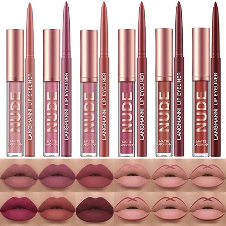 LANGMANNI 6 Matte Lipstick with 6 Lipliners Durable Makeup Set,Long-Lasting Non-Stick Cup Not Fade Waterproof Pigmented Velvet Lipgloss Kit Beauty Cosmetics Makeup Gift for Girls(12PCS)