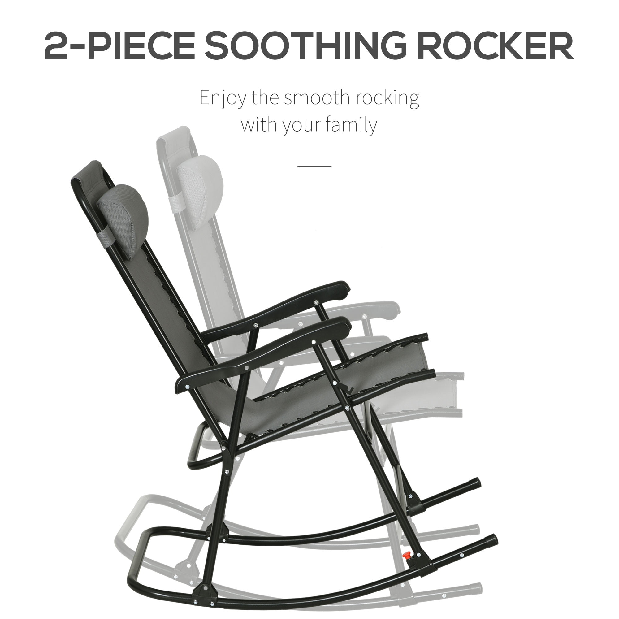 2 Piece Outdoor Rocking Chair Set, Patio Folding Lawn Rocker Set with Headrests for Yard, Patio, Deck, Backyard, Gray