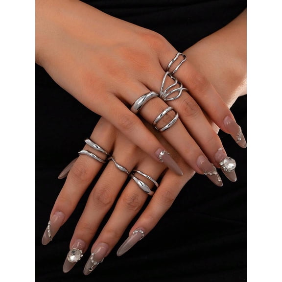 Silver Tone 7-Piece Stackable Ring Set, Minimalist Criss-Cross & Thick