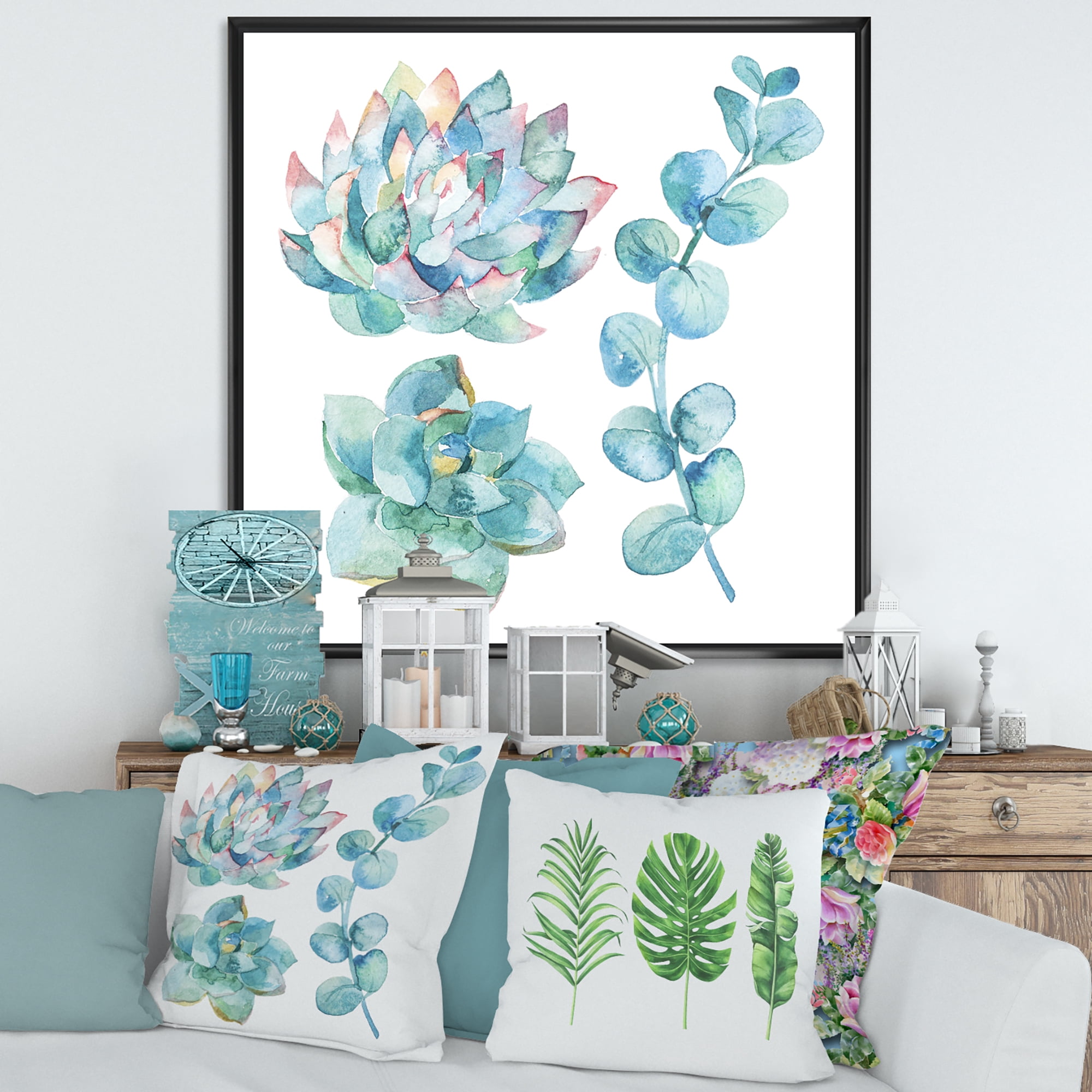Designart 'Succulents and Eucalyptus Leaves' Traditional Framed Canvas Wall Art Print
