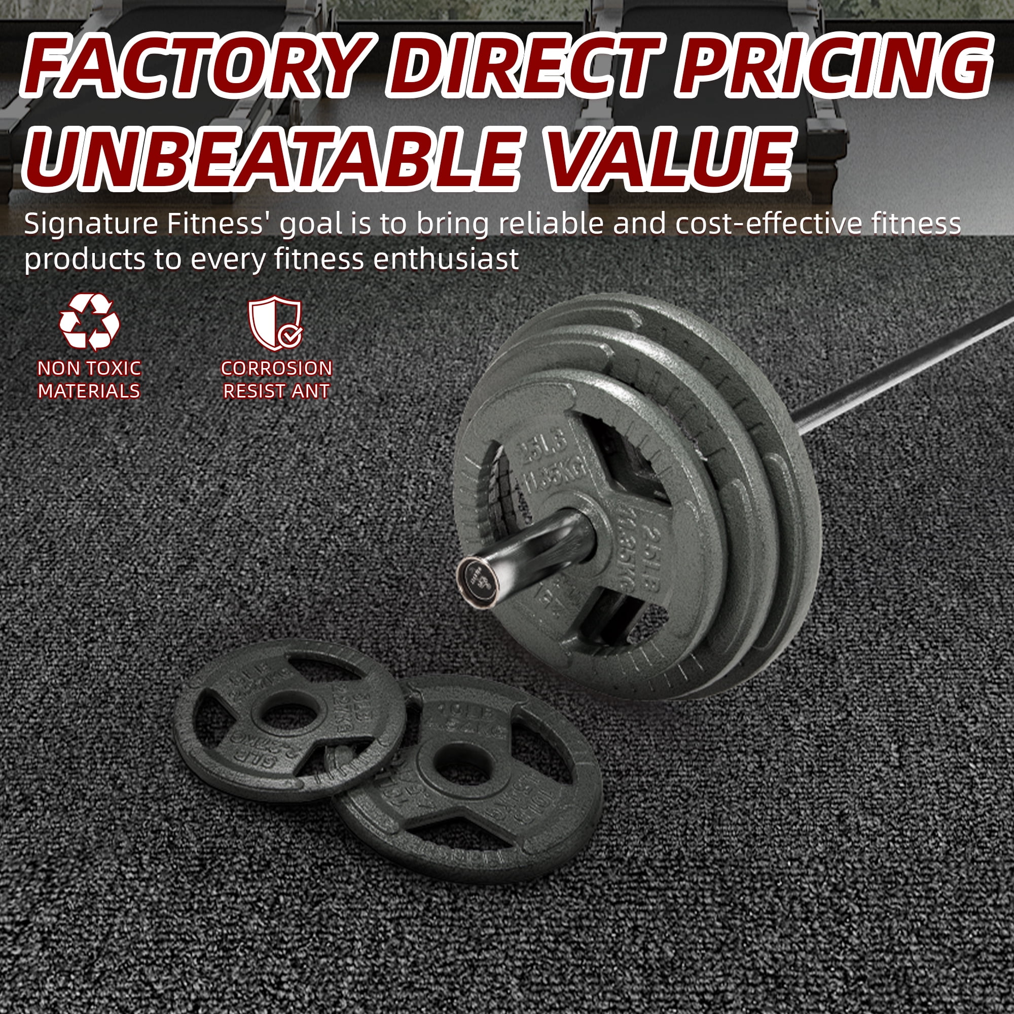 Signature Fitness 35LB Cast Iron Olympic Weight Plate, Single Plate, 2-Inch Center Hole, 3-Grip Design, Light Gray with Raised Lettering