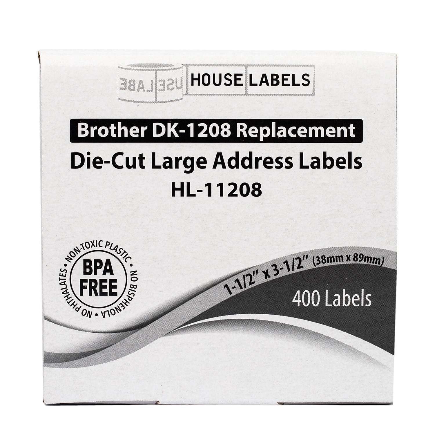 HOUSELABELS Compatible with DK-1208 Replacement Roll for Brother QL Label Printers; 400 Address Labels; 1-1/2" x 3-1/2” (38mm*90mm) with 1 REUSABLE CARTRIDGE - 6 Rolls