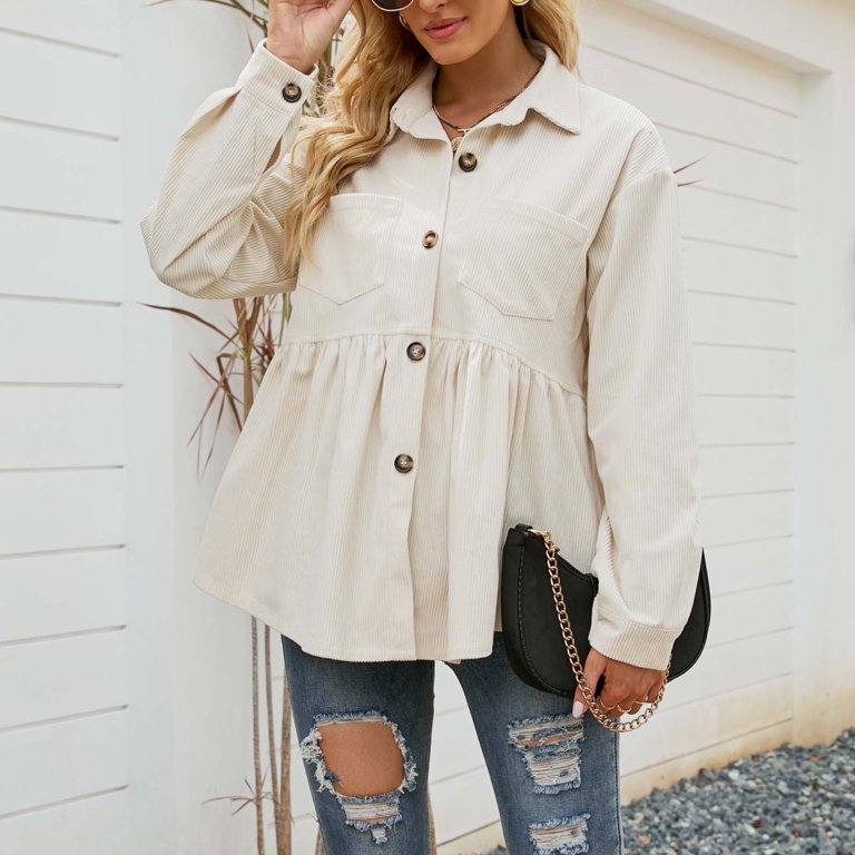 XFLWAM Women's Corduroy Peplum Button Down Shirt Jacket Long