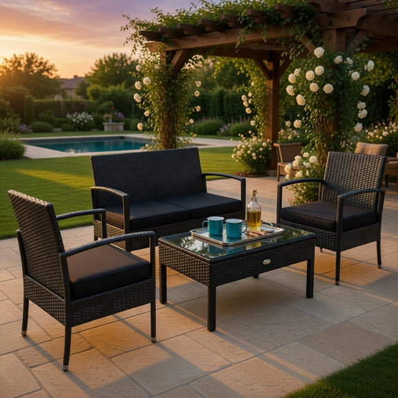 GVN Outdoor Conversation Sets,Patio Furniture Sets,4 Pieces Patio Rattan Cushioned Furniture Set-Black