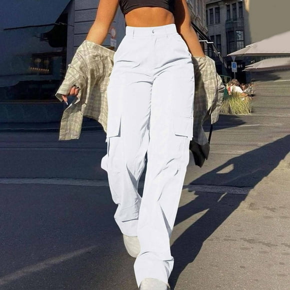LOVZFMLL Women's Pants, Fashion Casual Pocket Straight Leg Pants High Waist Workwear Trousers White, L