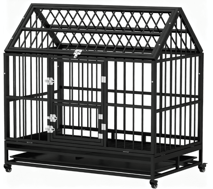 Heavy Duty Dog Crate with 4 Lockable Wheels, Double Doors, and Removable Tray, Black