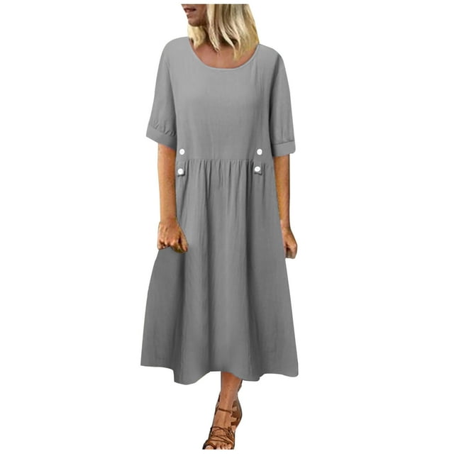 Bowake Robes d'Été Décontractées en Coton et Lin pour Femmes Manches Courtes Couleur Unie Robe T-Shirt Ample Col Rond Robe Maxi Ample