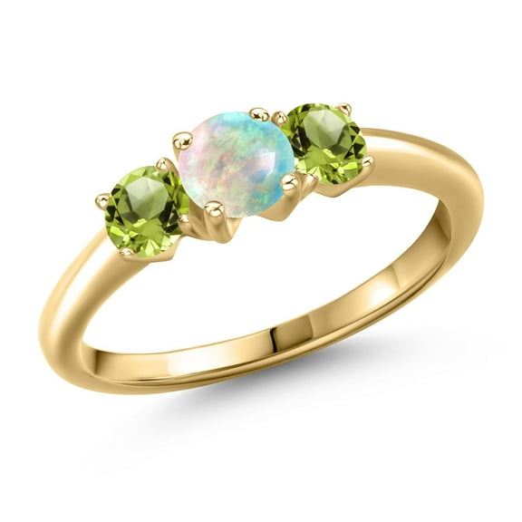 Gem Stone King 10K Yellow Gold Simulated White Opal and Green Peridot Engagement Ring for Women | 1.10 Cttw | Round Cabochon 5MM | Gemstone October Birthstone | Size 8