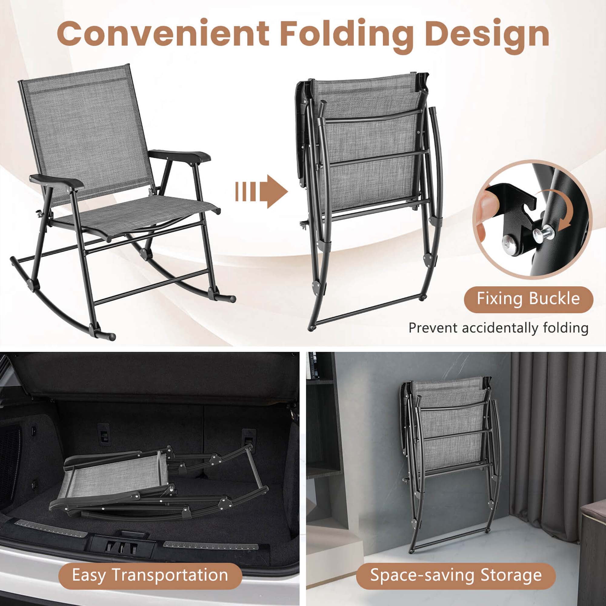 Costway 2pcs Folding Rocking Chairs, Heavy-Duty Metal Frame