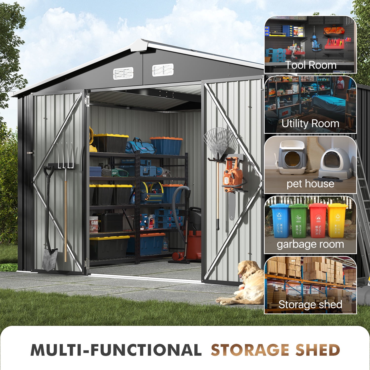 BaPiPro 10x8FT Metal Storage Shed, Outdoor Storage Lockable Tool Shed for Patio, Backyard, Black