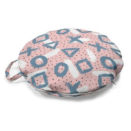 

Abstract Round Floor Cushion with Handle Paintbrush Strokes Geometric Rings Triangles Murky Squares on Polka Dots Pillow for Living Room & Dorms 18 Round Rose and Slate Blue by Ambesonne