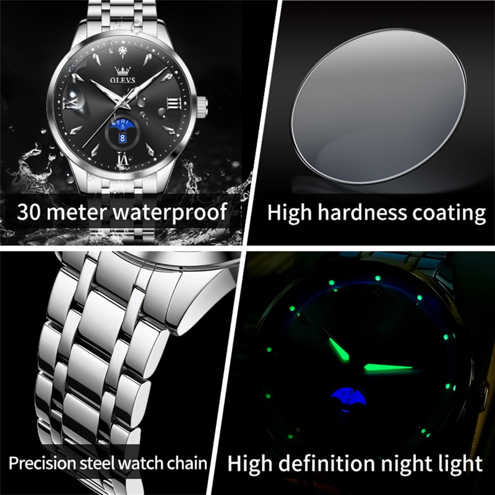 OLEVS Watches for Men Business Dress Casual Analog Quartz Stainless Steel Waterproof Luminous Men Wrist Watches Reloj Para Hombre Black Dial