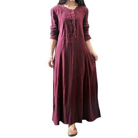 ZANZEA Women Embroidery Floral Long Sleeve Pocket Long Maxi Dress ...