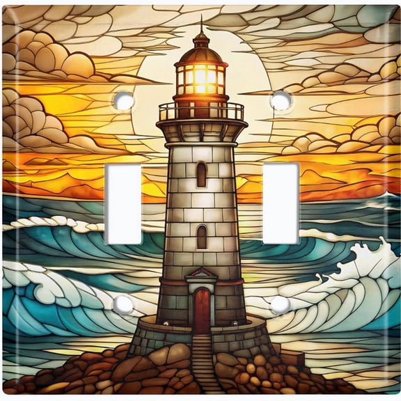 Metal Light Switch Wall Plate Outlet Cover (Printed Image of Stained Glass Lighthouse - Double Toggle)