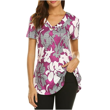 

Blouses for Women Fashion 2023 Women Fashion Printed Casual V-Neck Short Sleeve Loose T-Shirt Blouse Tops Maternity Blouses Hot Pink M