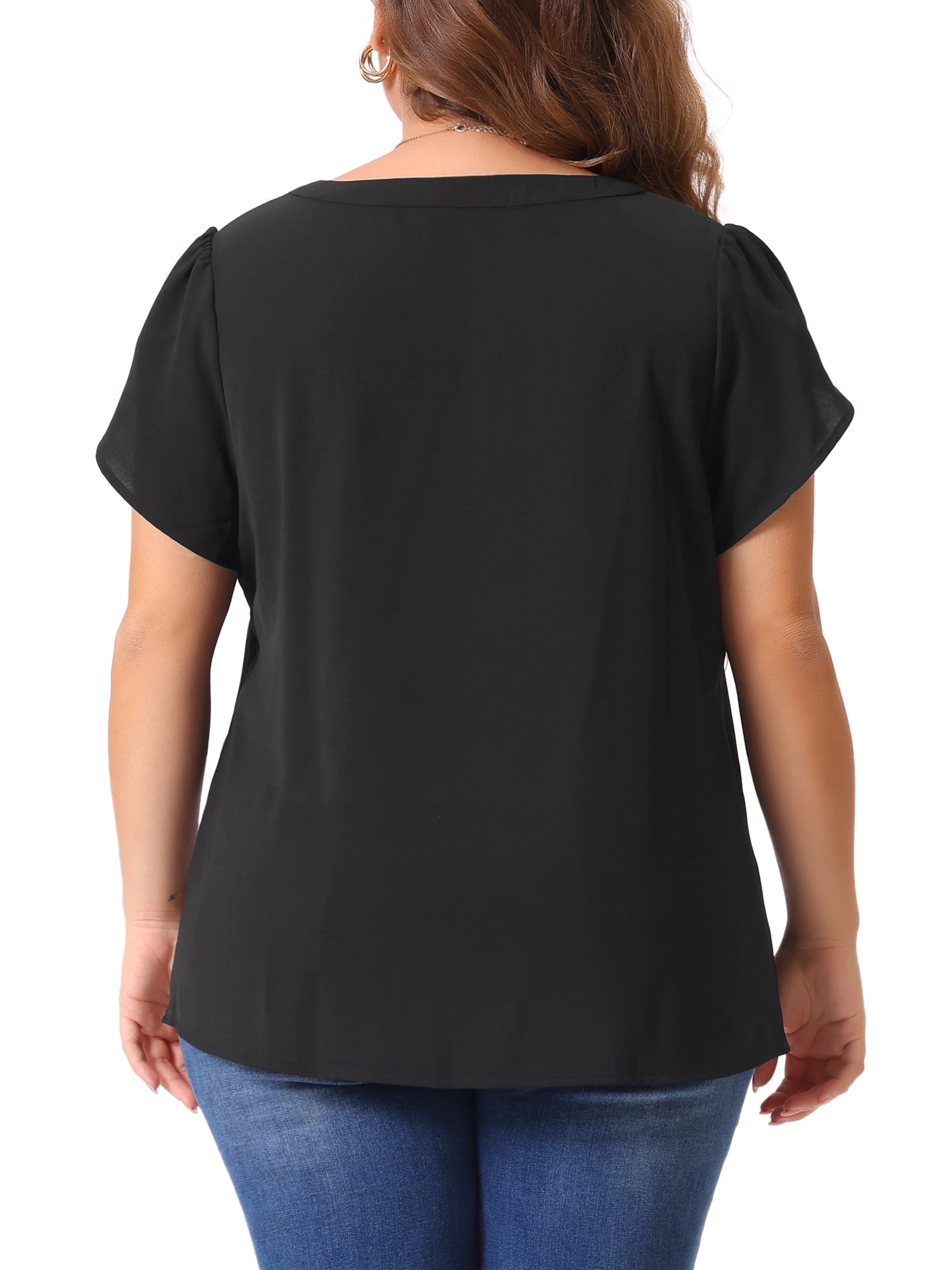 Women's Plus Blouses Notched V Neck Short Petal Sleeve Shirts Casual Dressy Tops 4X Black