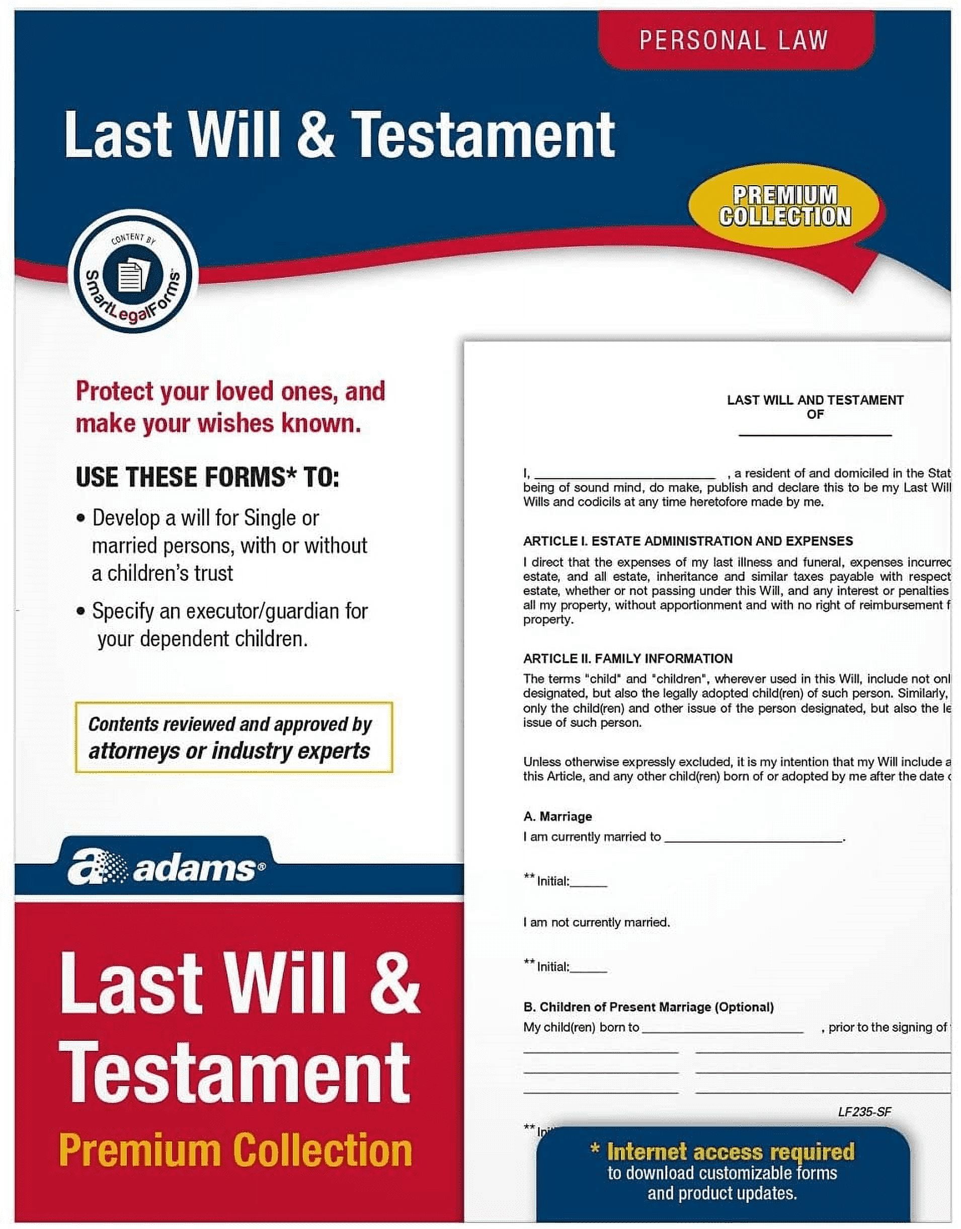 adams last will and testament, forms and instructions, downloadable product details on packaging, usa only (lf235)