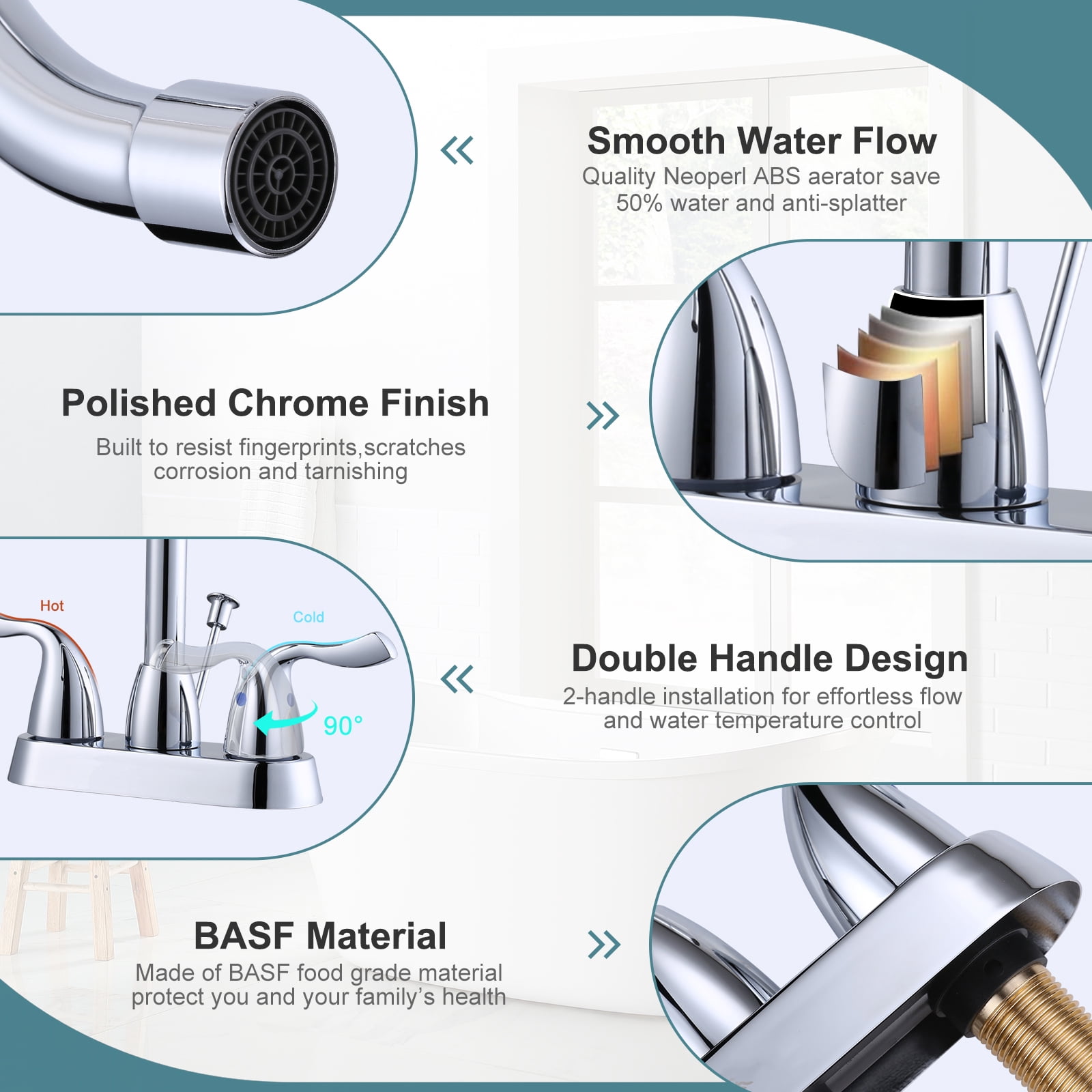 WOWOW 2 Handle Bathroom Faucet Chrome, 4 Inch Centerset Bathroom Faucet with Drain Assembly and Supply Hoses, Bathroom Faucet 3 Holes