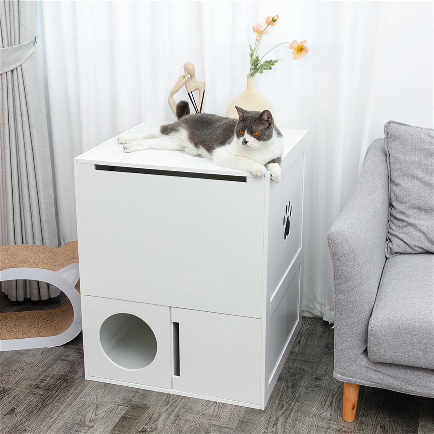 Pefilos 2-Tier Functional Wood Cat Washroom Litter Box Cover, Cat Litter Cabinet for Indoor with Multiple Vents, Cat Toilet Round Entrance, Openable Door, White Pefilos 2-Tier Functional Wood Cat Washroom Litter Box Cover, Cat Litter Cabinet for Indoor with Multiple Vents, Cat Toilet Round Entrance, Openable Door, White