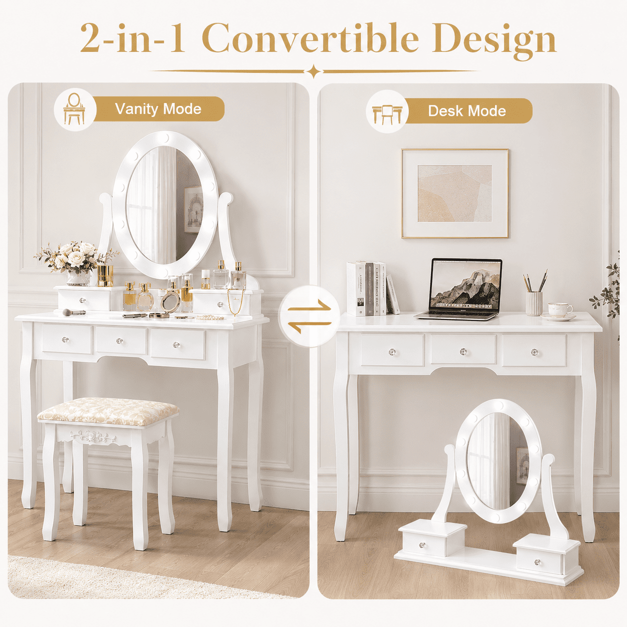 Ktaxon Vanity Table 10 LED Lights, 5 Drawers Makeup Dressing Desk with Cushioned Stool Set,Bedroom Vanities Set White