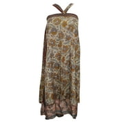 Mogul  Womens Wrap Around Skirt Beige Silk  Sari Printed Boho Beach Cover Up Dress