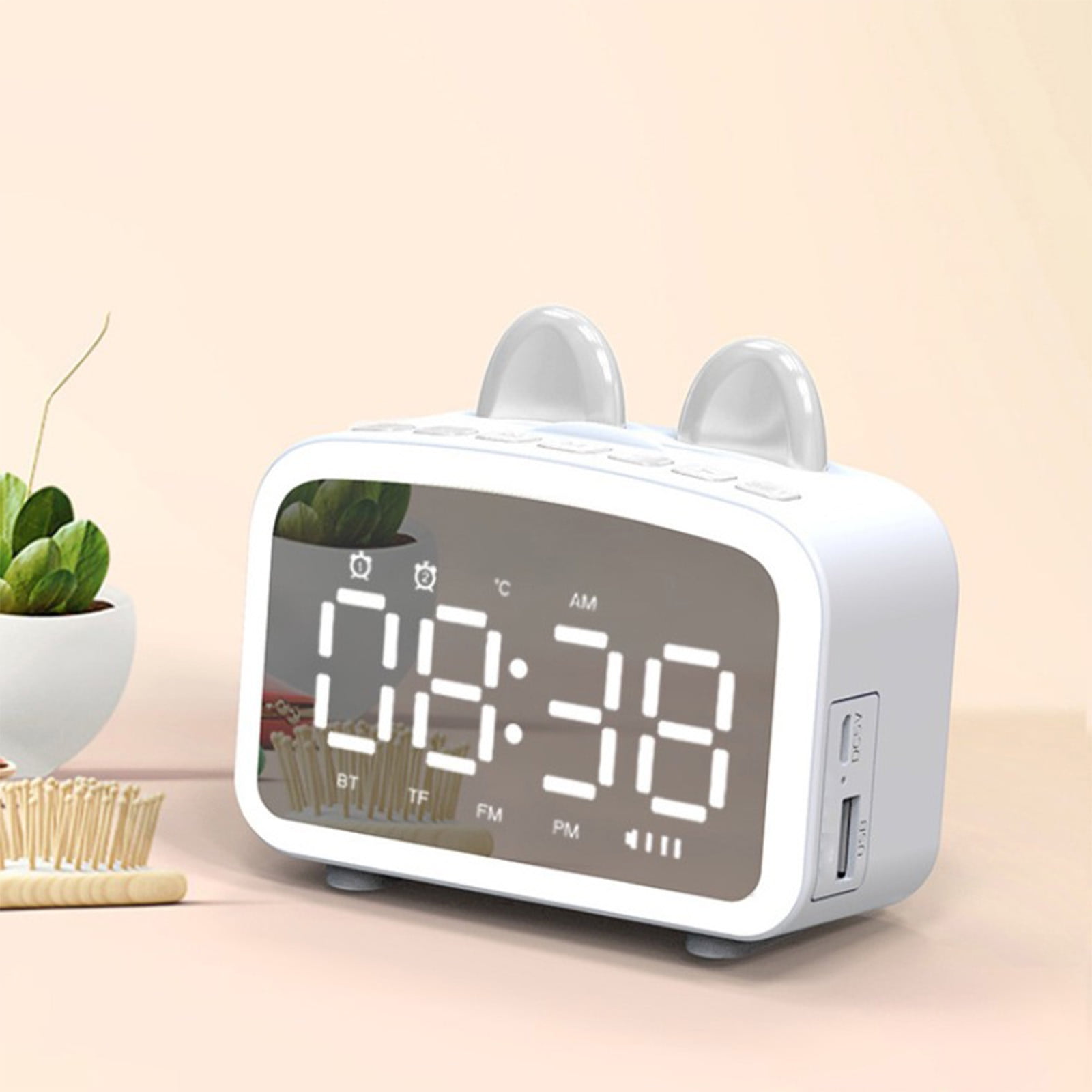 Bluetooth Clock Speaker, Wireless Alarm Clock and Radio Speaker with Digital Time Display and Wireless Audio for Bedroom and Home, White