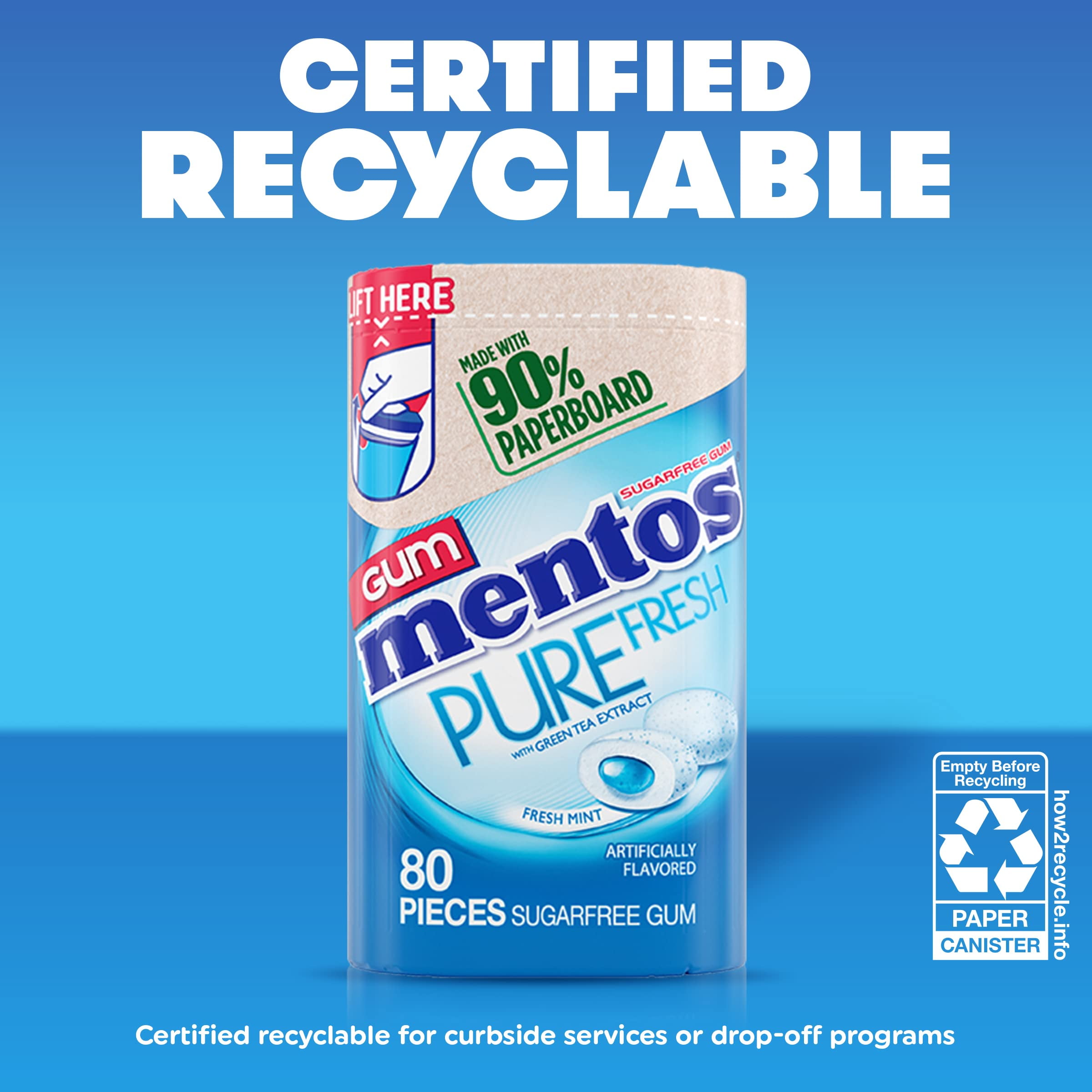 Mentos Pure Fresh Chewing Gum, Sugar-Free, Xylitol, Fresh Mint, 80 Piece Bottle, recyclable 90% Paperboard Bottle, 80 Count (Pack of 4)