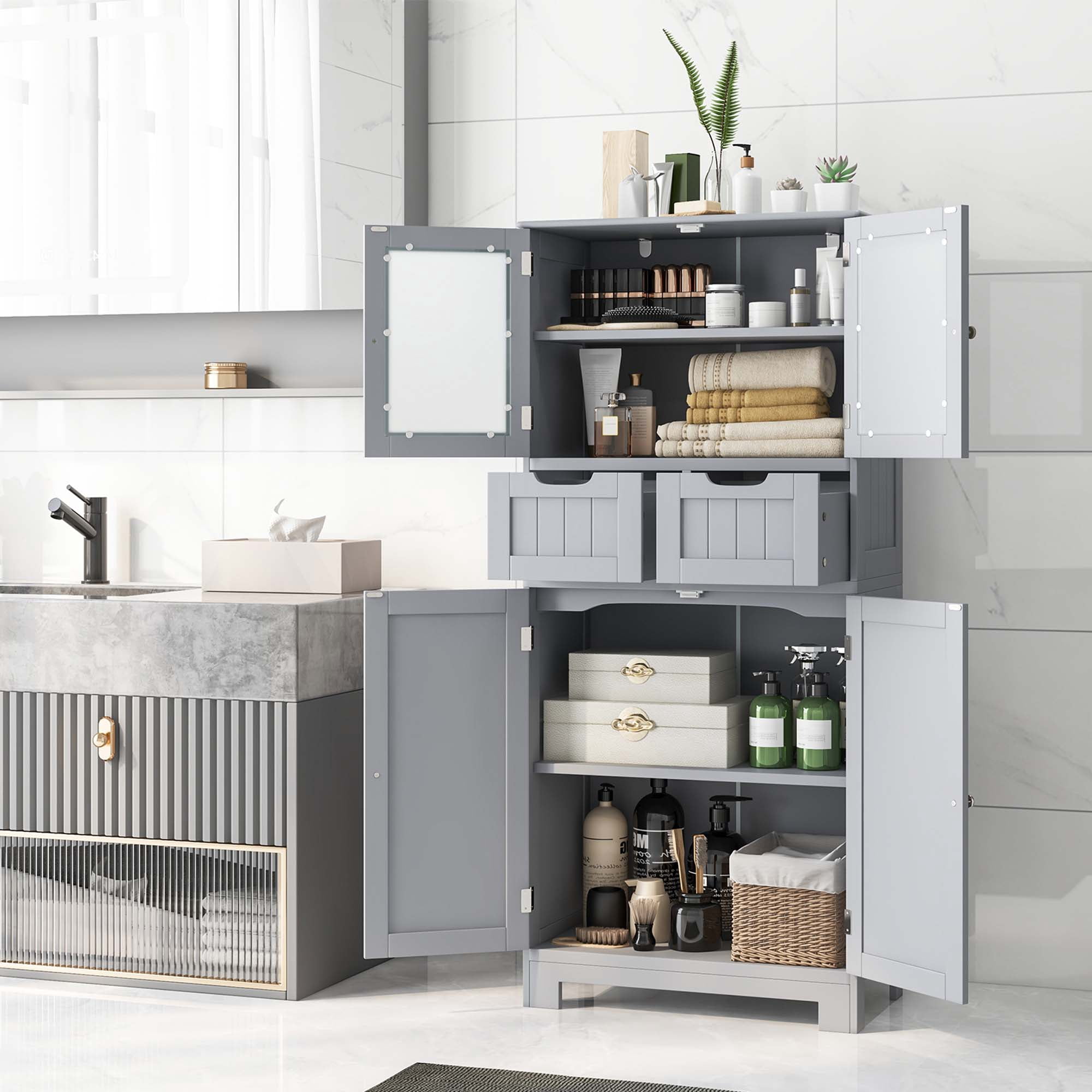 Costway Bathroom Floor Storage Cabinet Kitchen Cupboard with 2 Drawers & Glass Doors Gray