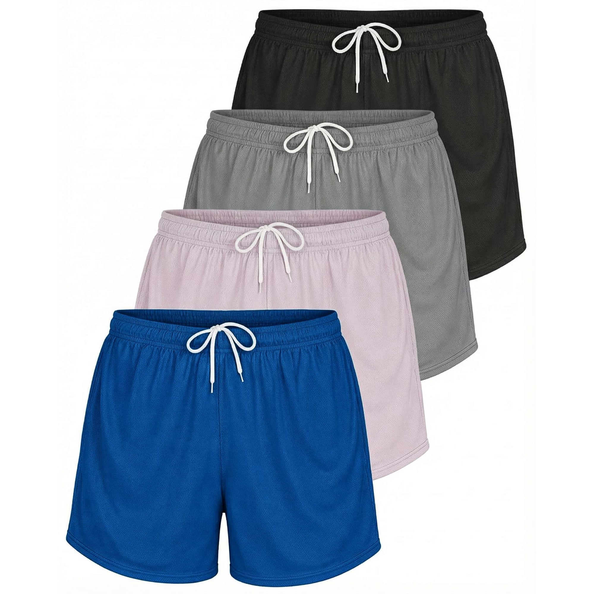Real Essentials 4 Pack: Womens Active Athletic Performance Mesh Shorts with Pockets (Available in Plus Size)