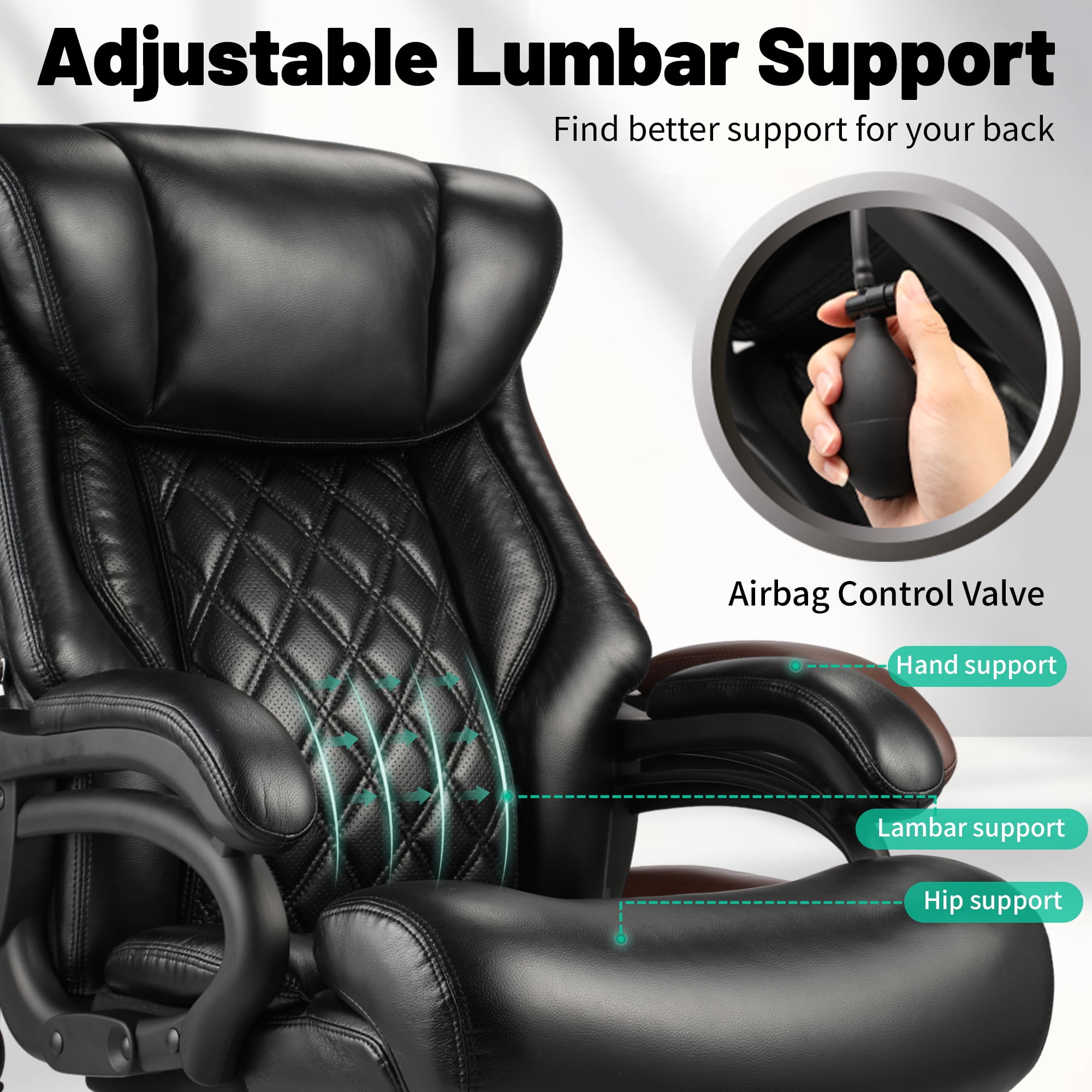 800lbs Executive Office Chairs, Big and Tall Desk Chair with Adjustable Lumbar Support, Leather Computer Chair with Quiet Rubber Wheel and Extra Wide seat