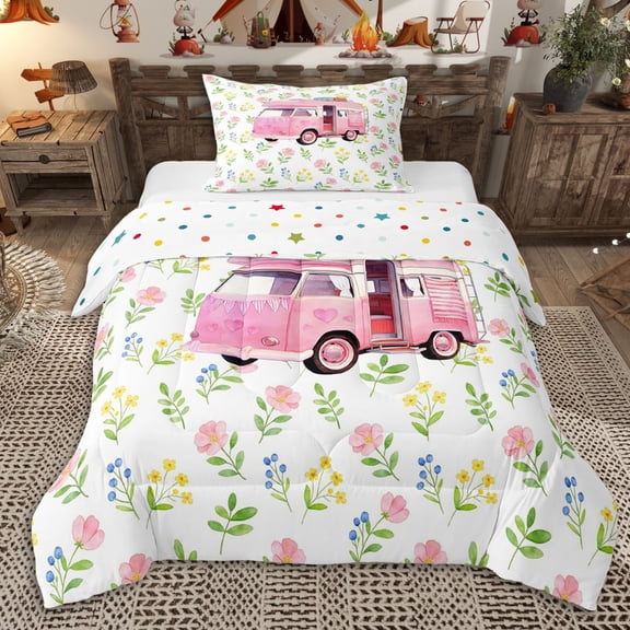 Erosebridal Kids Happy Camping Twin Comforter Sets 3-Piece,Kawaii Pink Flowers Car Bedding Set for Boys Girls,Ultra Soft Home Decor