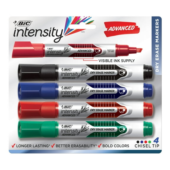 BIC Intensity Advanced Dry Erase Tank Marker, Chisel Tip, Assorted Colors, 4 Count