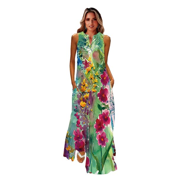 MOVOKAKA Ladies Spring Summer Long Dress Women Sleeveless V-neck Loose Elegant Dresses Party Printing Vintage Beach Dress Female5XL Gao Jinjia LED