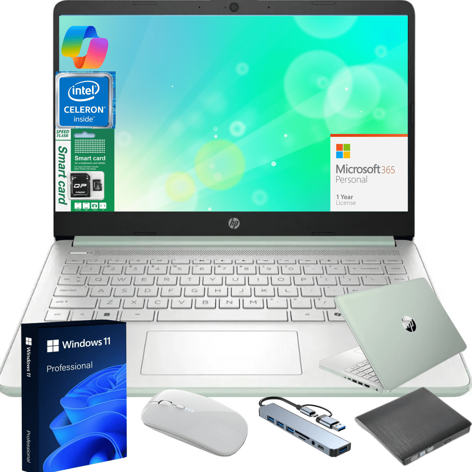 HP 14" Ultra Thin 2026 Laptop with Copilot, Intel Quad-Core N150, 4GB RAM, 256GB(128GB eMMC+128GB SD Card), Windows 11 Pro,1 Year Office 365, Lightweight Green Notebook for Work and School