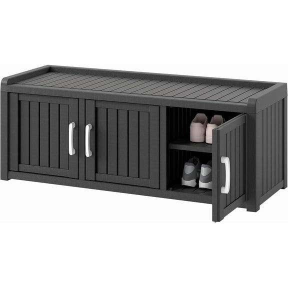 Outdoor Shoe Storage Cabinet Waterproof UV-Resistant, Entryway Storage Bench Indoor Outdoor with 3 Barn Doors, Adjustable Shelves for Entryway, Bedroom, Hallway,Living Room(Black)