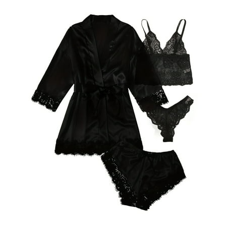 LilyLLL Womens Satin Silk Sleepwear Set 4pcs Pajamas Babydoll Lace Lingerie Nightdress Bobe